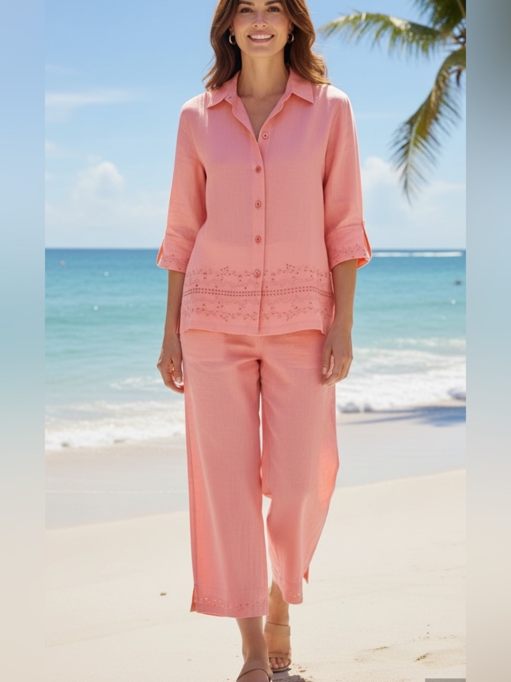 Dress Barn Silk/Linen Cruise Outfit - Conch Pink Top & Bottom w Embroidery NWT